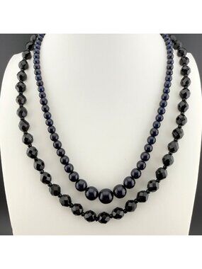 Vintage Glass Bead Necklace Set Faceted Graduated Black Navy Glossy